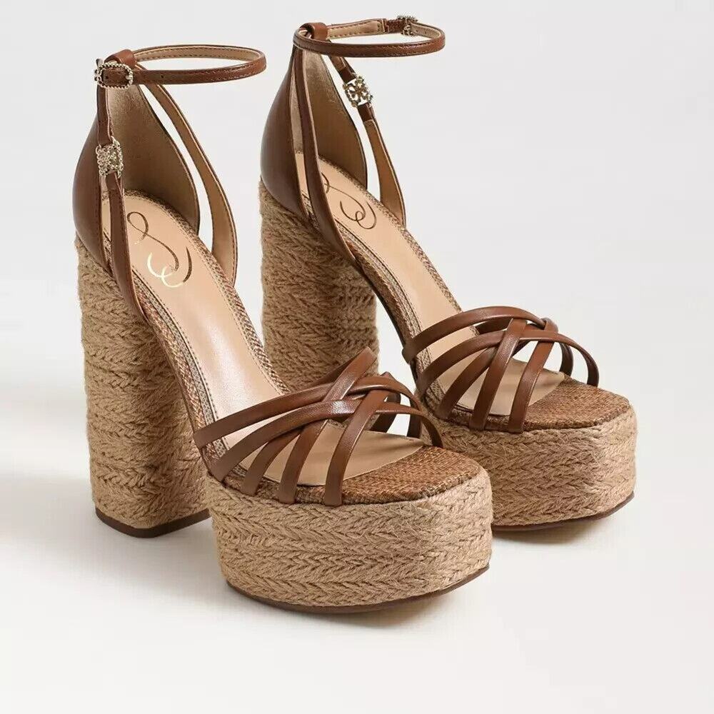 Sam Edelman Kade Cognac Leather Size 9 Platform Ankle Closure Block Heel Sandals